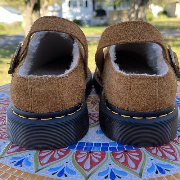 Dr Doc Martens Isham Slingback Mules Mens Sz 11 Faux Shearling Suede Pecan NEW - Picture 5 of 8